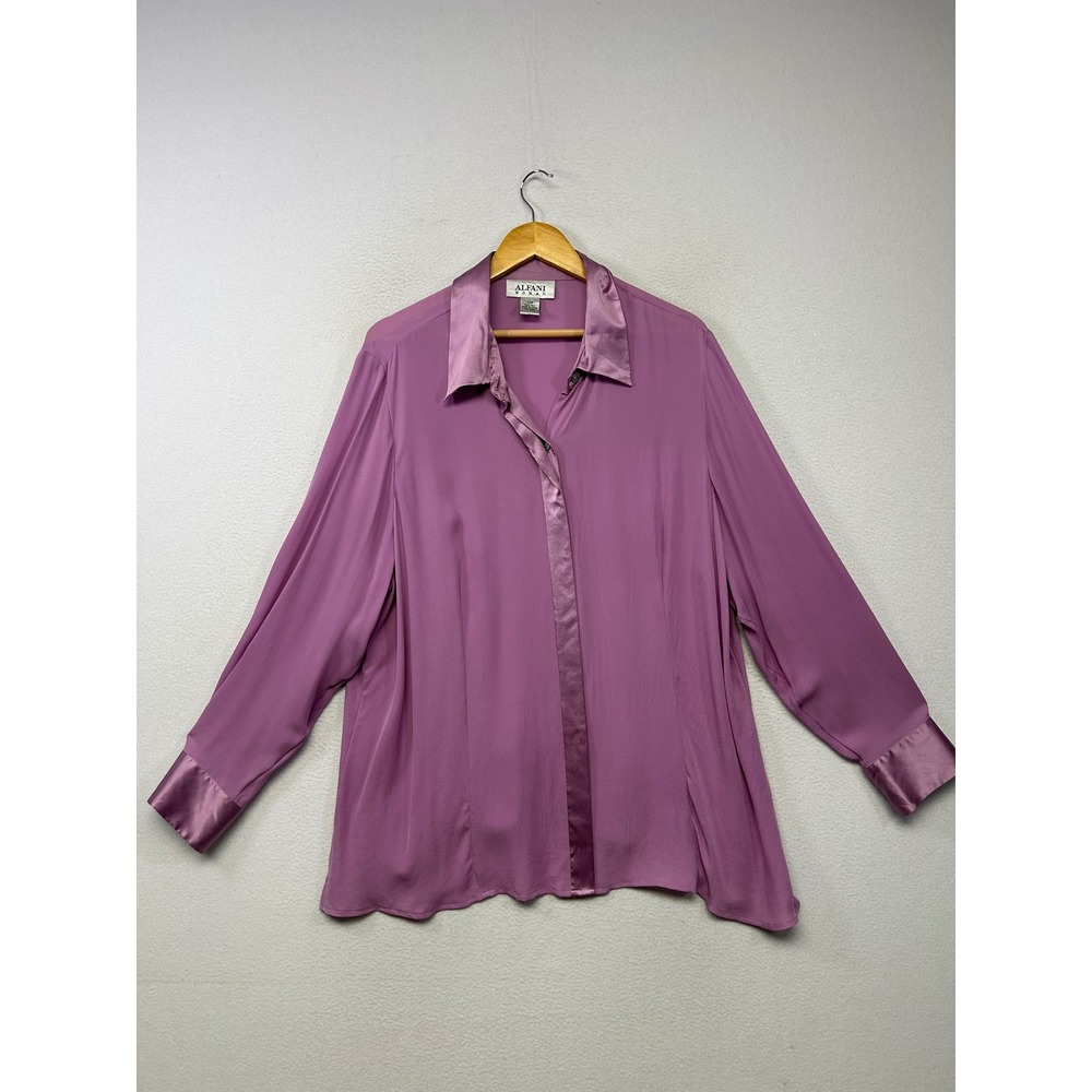 Quiet Luxury Alfani Woman Womens 22W Purple 100% Silk Satin Trim Blouse Shirt
